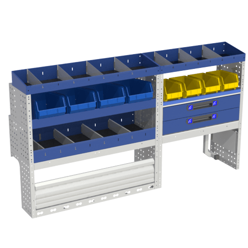 COMFORT module on the left side for Caddy Maxi with tilting door, storage drawers, removable briefcases and plastic containers.