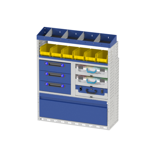 LUXURY module on the right side of your Transporter L1 is a top of the Tecnolam range. Wheel arch cover with aluminum door includes a chest of drawers with cases equipped with small parts trays, a chest of drawers with 3 drawers equipped with internal dividers, 1 Shelves with dividers, 1 shelves with removable containers.