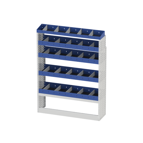 Module for Ford Transit which includes open wheel arch cover, 4 shelves with dividers, shelving with removable terminal containers.