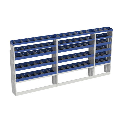 BASE module left side for Mercedes Sprinter LONG L3H2 consisting of: 3 open wheel covers and 16 shelves with removable dividers that give you maximum flexibility in terms of space