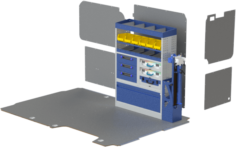 Example of van racking right side with a shelving with steel cases and plastic cases, at the top there are two shelves, one with steel containers and separators and one with yellow plastic containers.