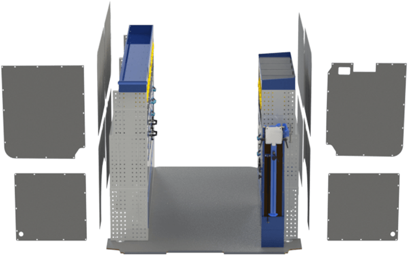 Example of van racking with two shelves on both sides and a Tecnolam multilayer platform