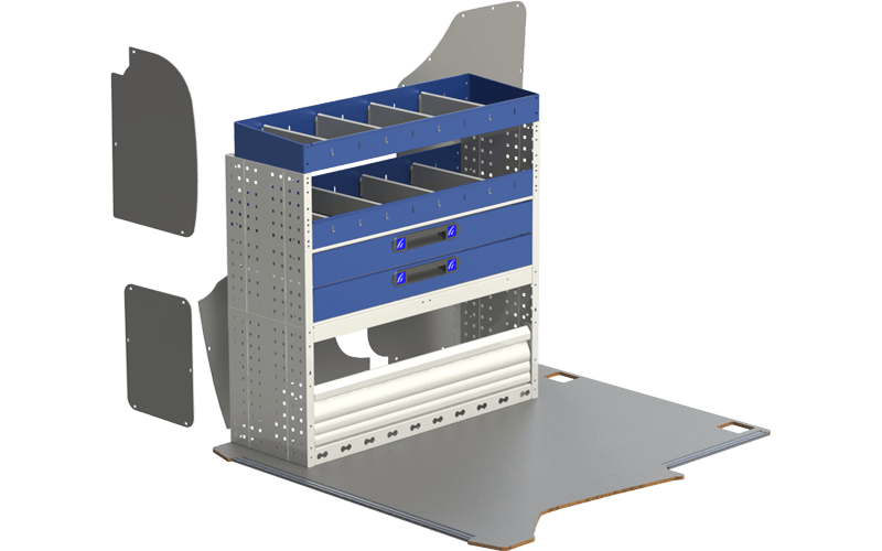 Ford Courier van racking 4 An example of van racking with shelving on the right side with an open wheel arch cover, two large drawers and two shelves with steel dividers.