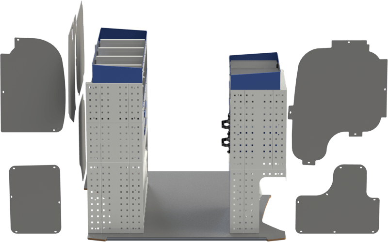 Ford Courier van racking 5 An example of van racking with shelving on the right side and shelving on the left side of the Doblò, in the lower part we see a Tecnolam flooring.