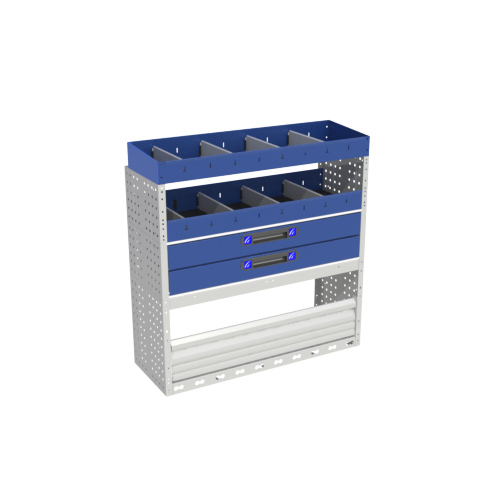 Ford Courier van racking 9 COMFORT left module for Courier L1 with wheel arch cover with door, shelf with 2 drawers d.360 mm, shelf with dividers and end shelving.