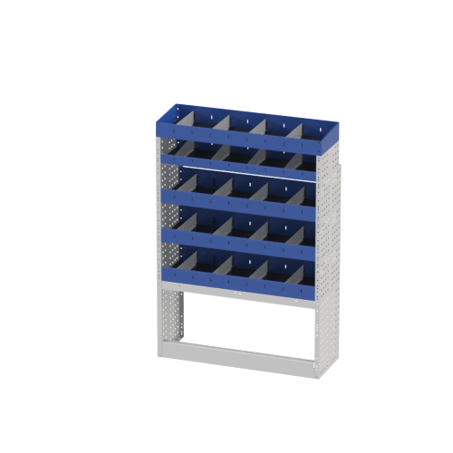 Van racking fiat Ducato 12 Right side module of the Ducato van racking. In this van racking there is an open wheel arch cover with open shelving with removable dividers. In the final part of the module there is a terminal shelving also with removable dividers.