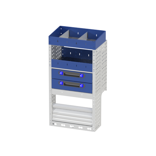 Ford Courier van racking 13 Right side module COMFORT for Courier made up of:a shelf with door, 2 drawers, open shelf with dividers and end with dividers.