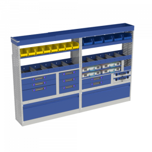 Van racking fiat Ducato 18 Complete LUXURY module with 3 drawer units and 4 plastic cases with containers, 2 pull-out cases, storage shelves, 1 row of shelves with removable containers and a gutter as end shelf
