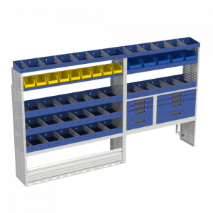 Van racking fiat Ducato 25 Van racking module L3H2 Ducato with numerous drawers and shelves with dividers and 2 shelves with removable trays, end shelving with dividers.The wheel arch covers in this configuration are one with a closing door and one with a suitcase stop kit