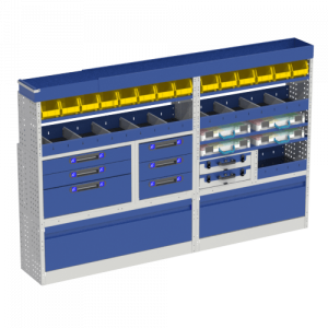 Van racking fiat Ducato 10 Module with LUXURY van racking, with numerous drawers and excellent for maintenance with 4 suitcases with plastic containers, 2 shelves with dividers and a long shelf with 13 removable trays to carry everything and finally a gutter. 2 wheel arch covers with tilting door.