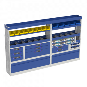 Van racking fiat Ducato 26 Van racking with complete L3H2 module ideal for mechanics and not only thanks to the numerous drawers but also thanks to the four suitcases with plastic containers, two shelves with dividers and a long shelf with 13 removable trays carries everything and finally a gutter. We have 2 wheel arch covers with tilting door.