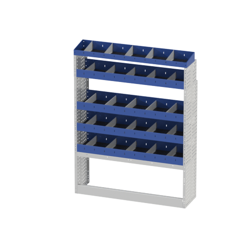 Van racking fiat Ducato 20 Simple BASE van racking module with open wheel arch covers and shelving with removable dividers.