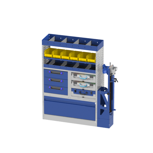 Van racking fiat Ducato 14 Right side van racking module for your Ducato with a wheel arch cover with tilting door, 2 drawer units with 3 drawers and 3 cases with internal containers 6 removable trays and 2 shelving with dividers. On the external side towards the vehicle door we have the tilting vice holder with vice