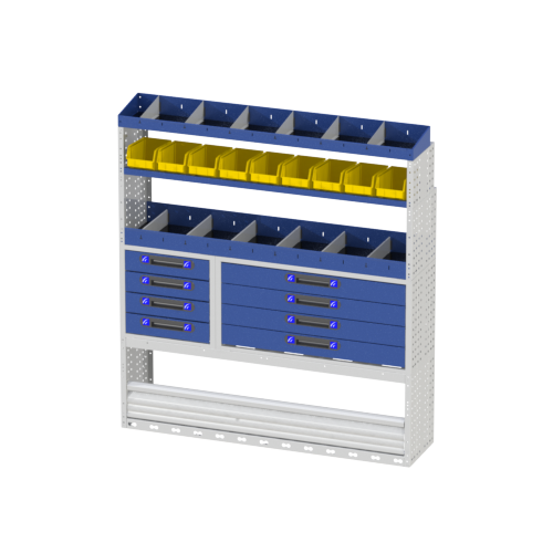 Van racking fiat Ducato 29 Simple module complete with closing door placed in the wheel arch cover, a chest of drawers with 4 drawers, two open shelves with dividers and a shelving with removable containers. The side walls of the module are in 10/10 steel partially perforated to attach accessories (paper roll holder, roof hooks, etc.)