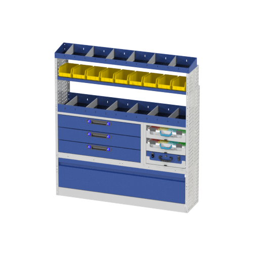 Van racking fiat Ducato 30 In this set-up for your Ducato we have a wheel arch cover with tilting door, two drawer units with three drawers and three briefcases with internal containers, six removable trays and two shelving with dividers. On the external side towards the vehicle door we have the tilting vice holder with vice