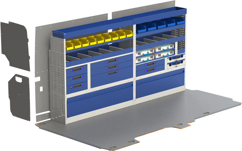 Van Racking for Volkswagen Crafter 4 An example of van racking with 2 drawers and 2 shelves, briefcases, shelves with plastic containers