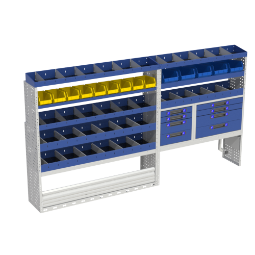 Van Racking for Volkswagen Crafter 9 The COMFORT module shelving that we have designed for the left-hand set-up of your VOLKSWAGEN CRAFTER L3H2 Includes. Wheel arch cover with closing door, open wheel arch cover with suitcase stop kit 2 drawer units, shelves with dividers, 2 Shelving units with removable containers. Ideal for plumbers who have to carry fittings, screws, spare parts and various equipment.