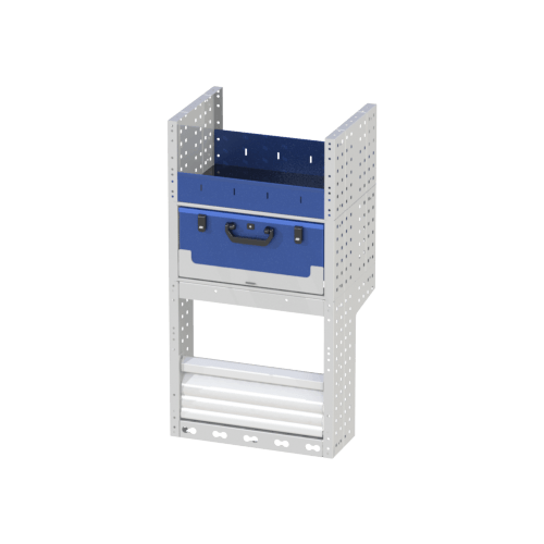 peugeot bipper van racking 10 Van racking COMFORT right side for your Bipper containing wheel cover with door, removable suitcase, shelving with dividers 24 cm high.